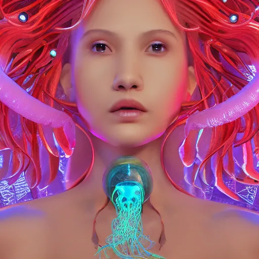 Image similar to Full body photo of the most beautiful goddess, she has a jellyfish octopus head's, by Tooth Wu, trending on Artstation, digital art, symmetrical artwork, cinematic, hyper realism, high detail, octane render, 4k, 8k