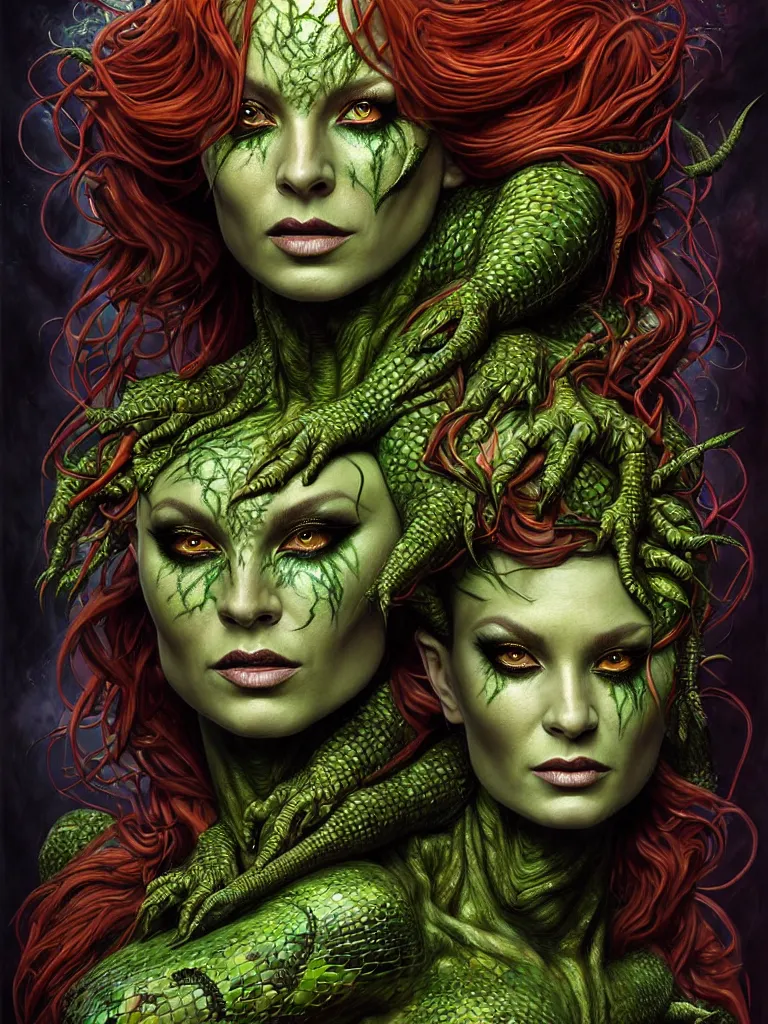 Image similar to cinematic fullbody portrait. complex hyper-maximalist overdetailed cinematic cosmic scifi portrait of an elegant very attractive but wild and dangerous reptilian goddess by andrei riabovitchev, tomasz alen kopera, oleksandra shchaslyva. Omnious intricate. Secessionist portrait illustration. Poison goddes. Slightly Reminds to poison ivy. Focus on face. Artstation. Deviantart. 8k 4k 64megapixel. Rendered by binx.ly.