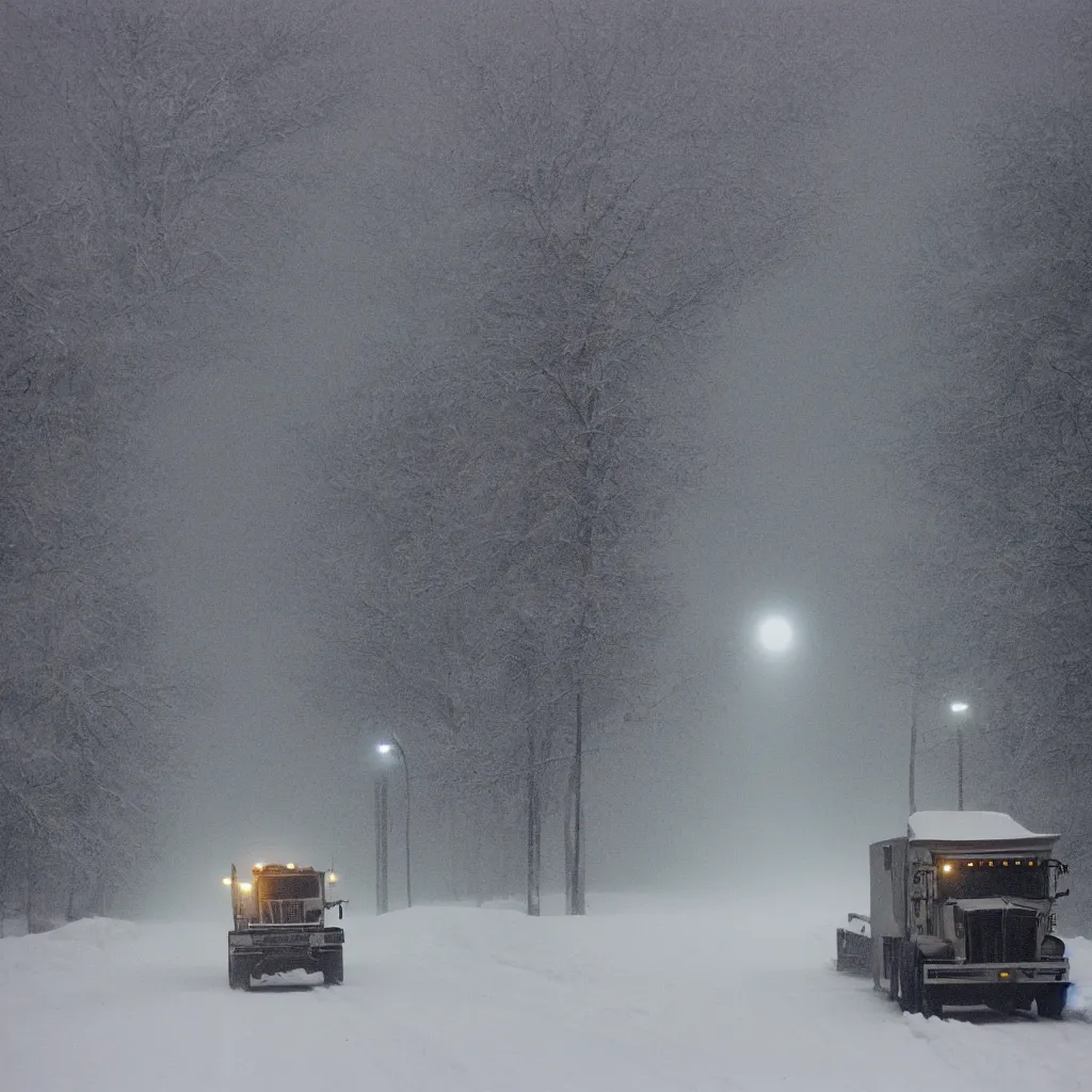 Image similar to photo, big snow plow truck is in the distance with a bright headlighta. cold color temperature, snow storm. hazy atmosphere. humidity haze. kodak ektachrome, greenish expired film, award winning, low contrast,