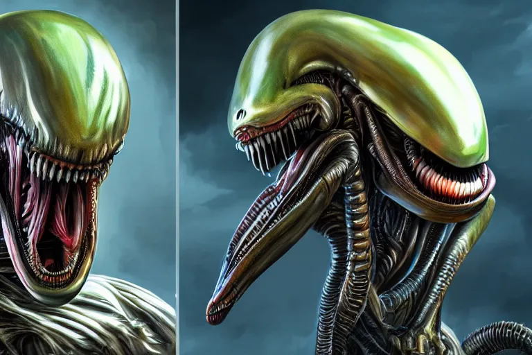 Image similar to xenomorh king alien facing right, xenomorph queen alien left, side 2 d view, highly detailed, oil painting, crisp quality and light reflections, 4 k resolution