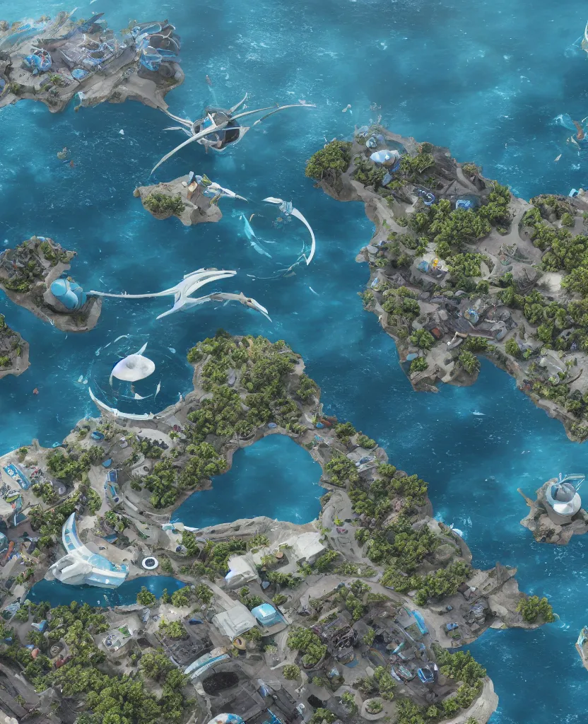 Prompt: a crescent shaped pelagic settlement floating on the water, view from above, fusion of subnautica and star trek, aquaculture farms in the water around, boats of different sizes, hyperrealistic sci - fi illustratiom, soft natural volumetric lighting, realistic 4 k unreal engine 5 beautifully detailed render, 4 k post processing, trending on artstation