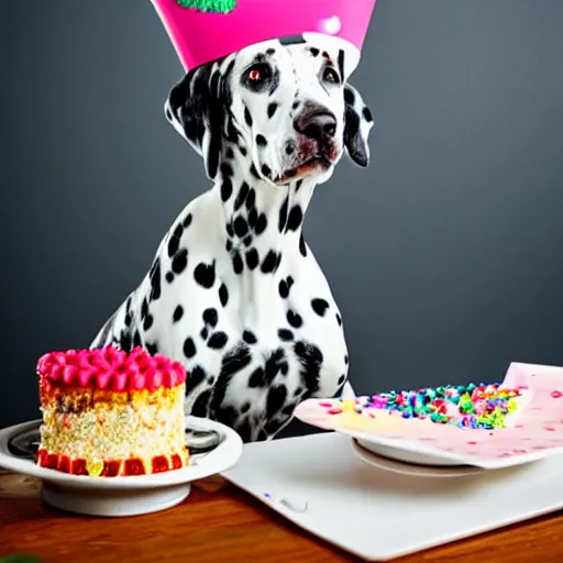 Image similar to female dalmatian with birthday hat eating birthday cake,