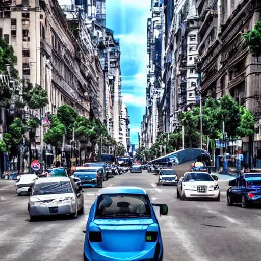 Image similar to Buenos Aires Argentina, futuristic cars in the street, holograms in the street, detailed, hd