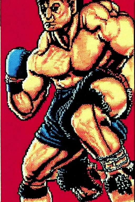 Image similar to extreme long shot. 8 bit nes graphics. hermann nitschantropomorphic muscular masculine wolf. kickboxer fighter, in shorts. wolf head. art from nes game cartridge,