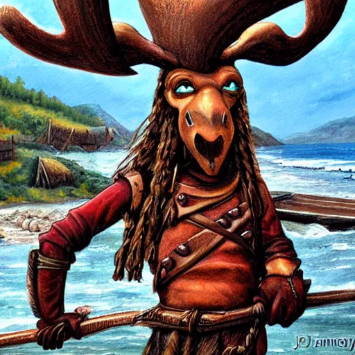 Image similar to anthropomorphic moose pirate humanoid by james gurney, pirate ship, sea, fantasy