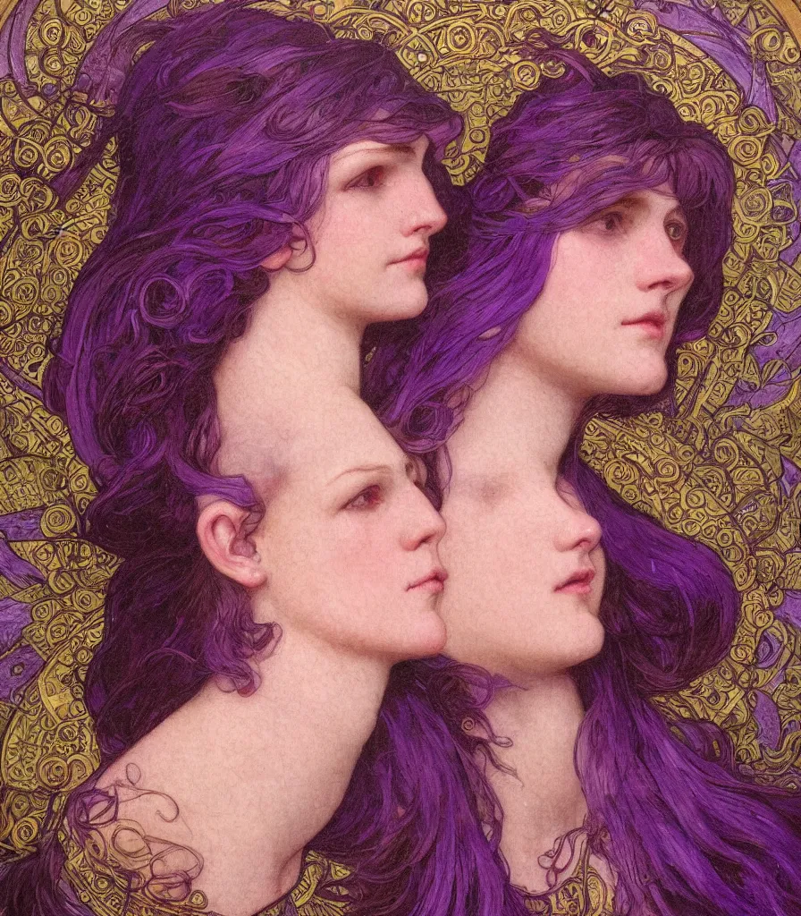 Image similar to purple, character portrait of purple energy, by waterhouse, by mucha, lean face, symmetrical face, face symmetry, cinematic lighting, beautiful, elegant, oil painting, cinematic, portrait, raphaelite, trending on artstation, intricate background