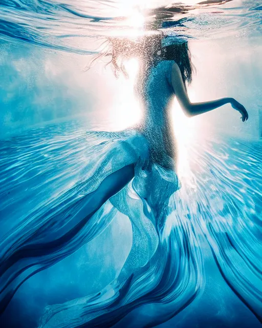 Image similar to photo of beautiful woman underwater during sunrise, flowing fabric, sunrays, elegant, caustics, rippling water, photoshoot, haunting, iconic, masterpiece, sharp focus, art by trending on artstation