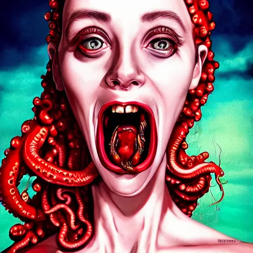 Prompt: highly photorealistic expired fuji film portrait of woman with long tentacled red tongue combined with stranger creatures, in the style of frank bairstow, artgerm, imax quality, 8 k, award winning photography