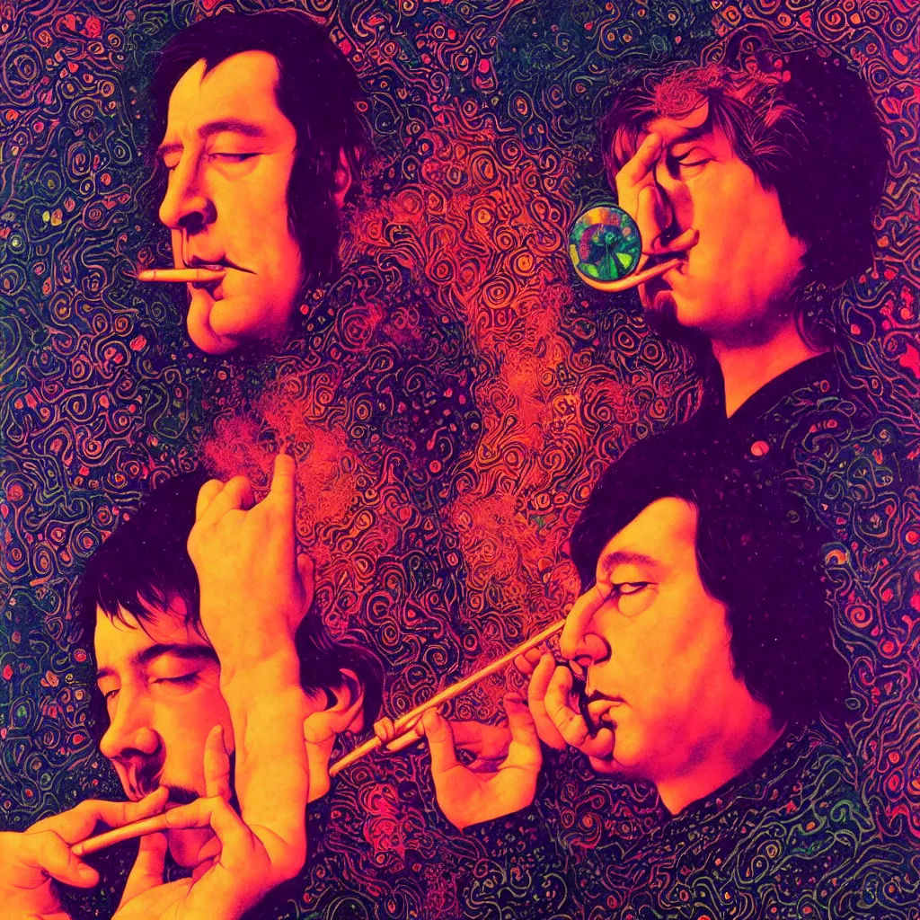 Image similar to psychedelic portrait of bill hicks smoking, vivid colors, neon, art by ( ( ( kuvshinov ilya ) ) ) and wayne barlowe and gustav klimt and artgerm and wlop and william - adolphe bouguereau