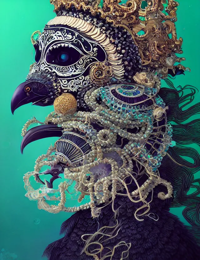 Prompt: goddess macro close - up portrait with crown and mask made of ram skull. beautiful intricately detailed japanese crow kitsune mask and clasical japanese kimono. betta fish, jellyfish phoenix, bioluminescent, plasma, ice, water, wind, creature, artwork by tooth wu and wlop and beeple and greg rutkowski