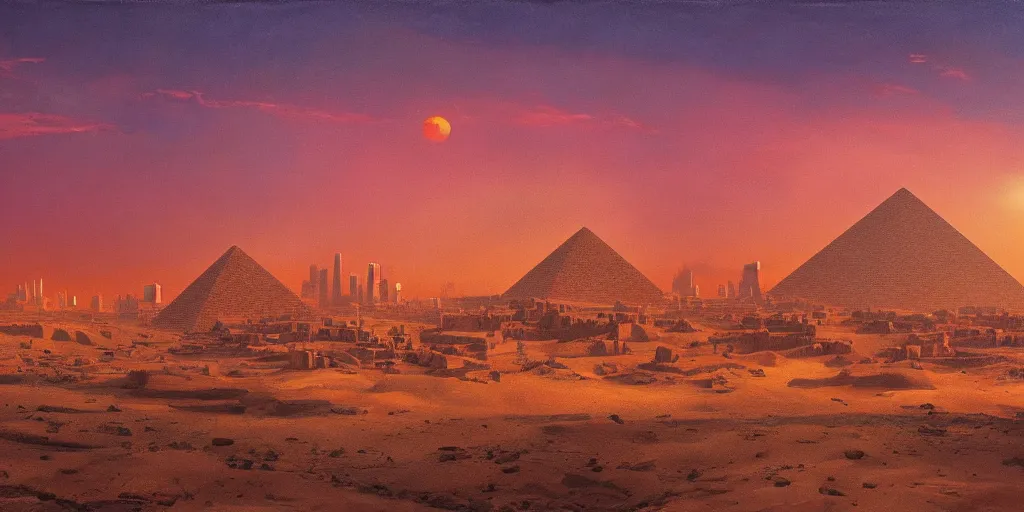 Image similar to an oil painting of a small city in the desert with only one pyramid in the center and walls that surround the city and a dark red sun, fantasy,hyper realistic, atmospheric lighting, cinematic, 8k,