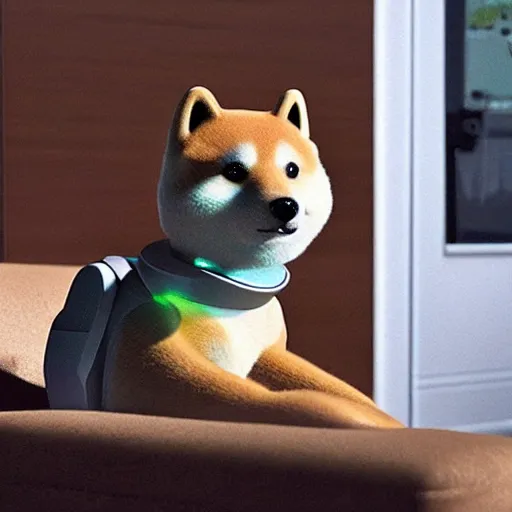 Image similar to doge the shiba - inu as a futuristic robot made of metal and carbon - fiber, in a sunny suburban living - room.