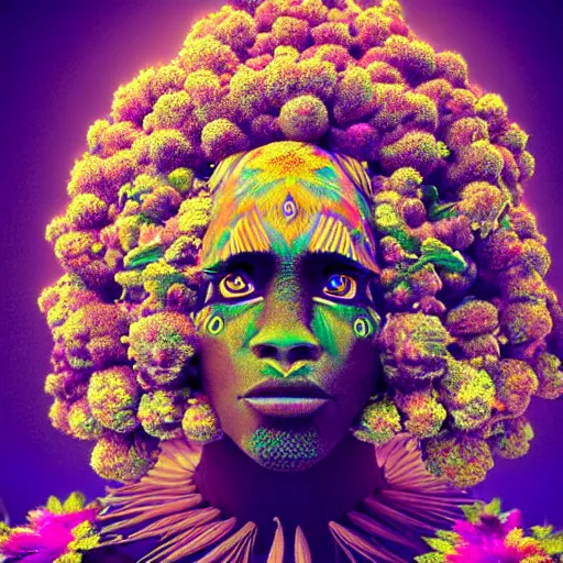 Image similar to an african marijuanna! shaman with an afro made of flowers, third eye art art by machina infinitum, complexity from simplicity, rendered in octane, mandelbulb 3 d, ambient occlusion, macro photography, felt!!! texture, tribal, neon! retrowave