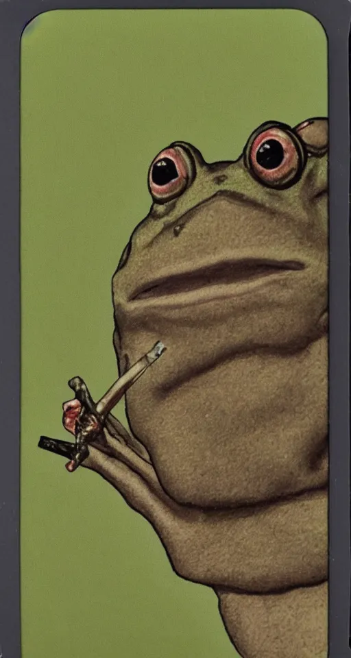 Image similar to gigachad frog smoking crack, 4 k, detailed, landscape, realistic, polariod