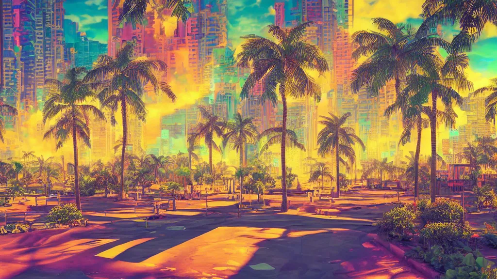 Image similar to golden city in a vaporwave jungle, 4k, ultra realistic, colorful, award winning photograph