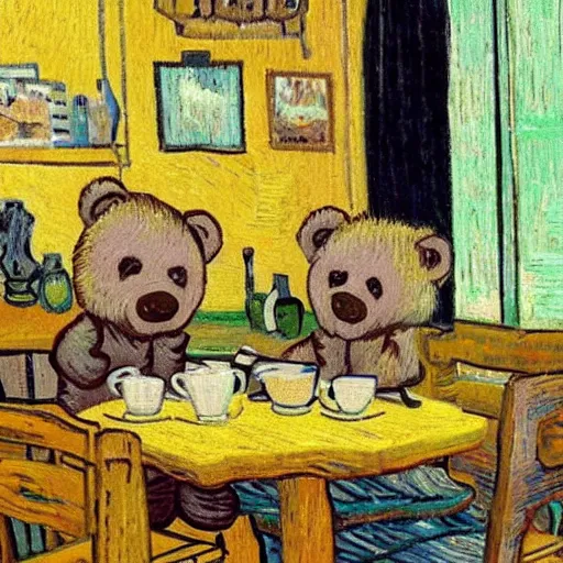 Image similar to teddy bears having a coffe break in a diner in the style of van gogh