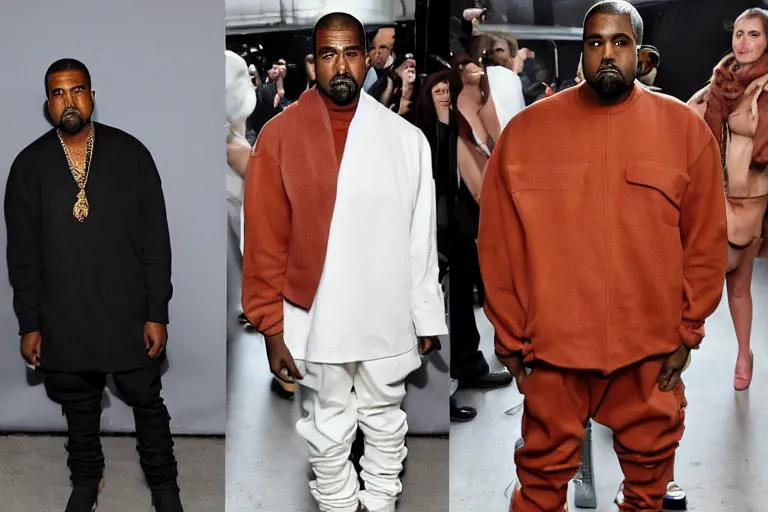 Image similar to kanye west wearing a suit made of steak, runway photo