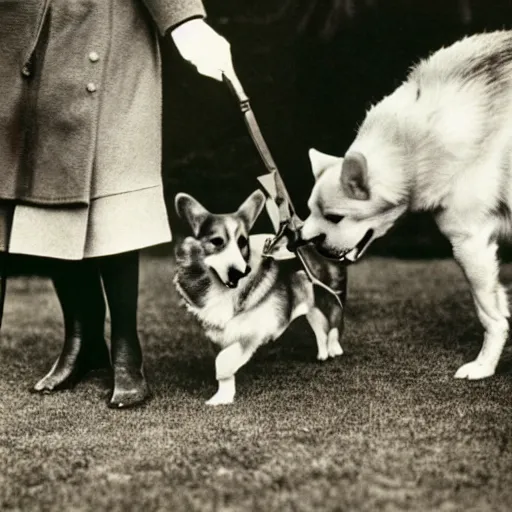 Prompt: historical photo of queen elizabeth and her corgis defeating hitler in hand to hand combat, natural sunlight, sharp focus, highly detailed, depth of field