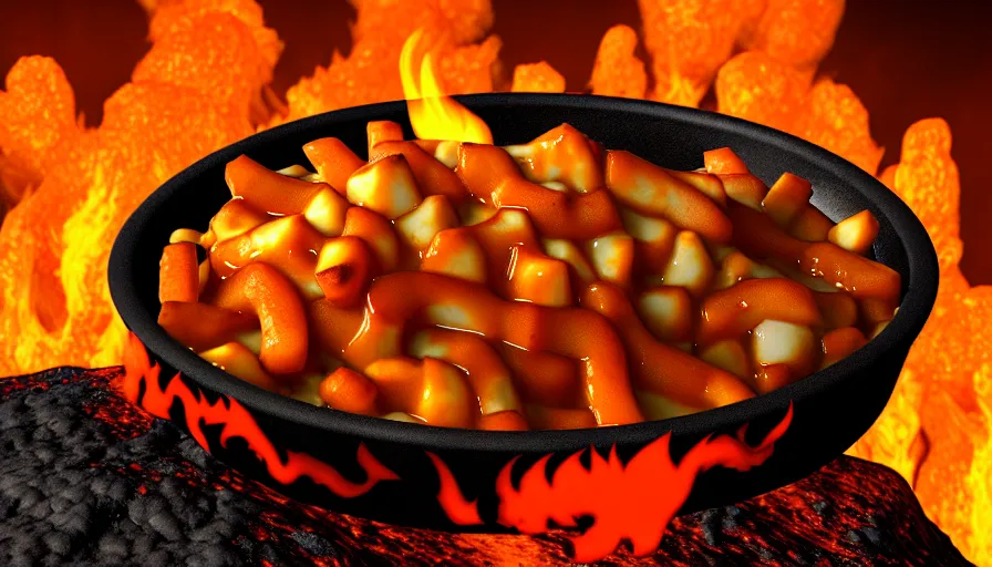 Image similar to poutine ( the canadian meal ) from mount doom, volcano texture, lava texture, fire texture, cheese curds texture, 8 k, octande render, unreal engine 5, surface blemishes, hdr