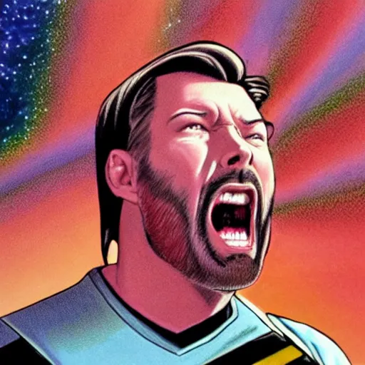 Prompt: Star Trek's Commander Riker screaming in agony while caught in a psychedelic mushroom trip