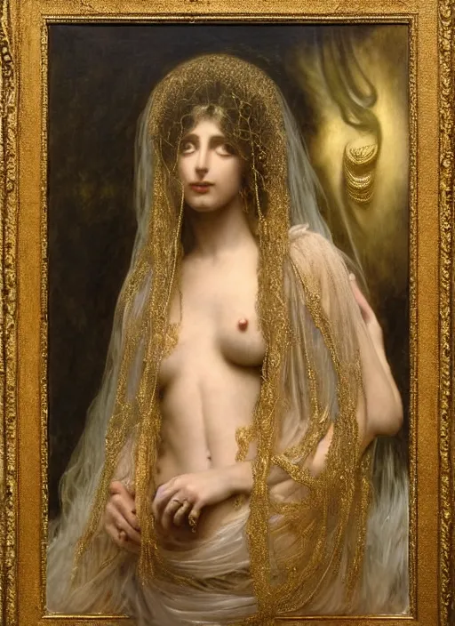 Prompt: hyper realistic painting of veiled bride, gold ornaments, flowing fabric, intrincate detail, detailed faces by wayne barlowe, gustav moreau, goward, gaston bussiere and roberto ferri, santiago caruso, and austin osman spare, ( ( ( ( occult art ) ) ) ) bouguereau, alphonse mucha, saturno butto