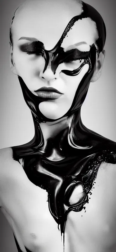 Image similar to perfect female body silhouette, liquid sculpture, astral clockwork, abstract shapes, photorealism, beautiful portrait, white and black latex mixture, black ink, body acts photography, abstract art, concept art, matte painting, elegant