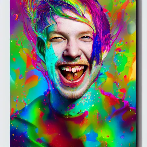 Prompt: a portrait of a laughing man with ginger hair, by ross tran, psychedelic, rainbow, swirling splattered colors, otherworldly, abstract