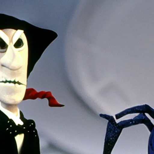 Prompt: Still of Sergio Mattarella in The Nightmare Before Christmas, claymation