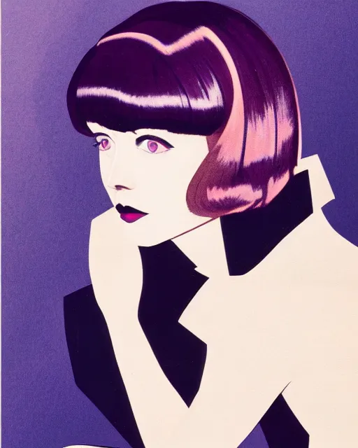 Prompt: colleen moore 2 2 years old, bob haircut, portrait painted by patrick nagel and stanley artgerm, dramatic lighting