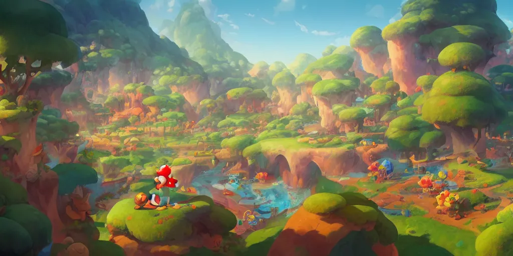 Image similar to dynamics matte painting acrylic blur oil marioworld wonderland yoshi kurbi dofus, behance hd by jesper ejsing, by rhads, makoto shinkai and lois van baarle, ilya kuvshinov, rossdraws global illumination