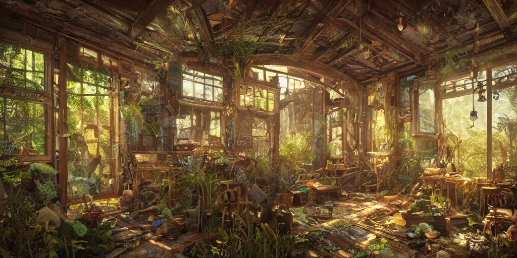 Image similar to steampunk wooden shack interior, overgrown, colorful, contrast, depth of field, 3 d scene, render, greg rutkowski, zabrocki, karlkka, jayison devadas, trending on artstation, 8 k, ultra wide angle, zenith view, pincushion lens effect