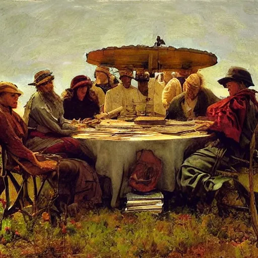 Image similar to rigorous, manmade by diego dayer, by howard pyle. a beautiful land art of a group of people standing around a circular table. in the center of the table is a large, open book. the people in the land art are looking at the book with interest & appear to be discussing its contents.