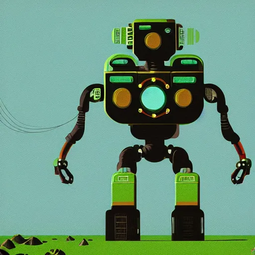 Prompt: retrofuturistic robot in style of Simon Stalenhag, green colour scheme