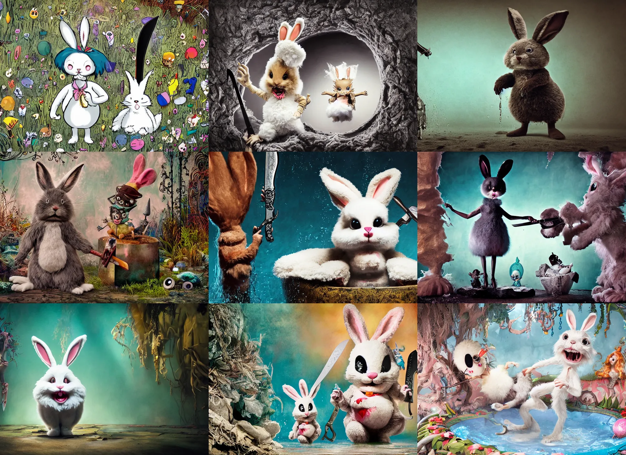 Prompt: a cute fluffy bunny with an insane expression, stands in a pool of water, holding a black steel bowie knife. dance photography, character concept art, intricate detailed 8 k environment, gary baseman, genevieve gauckler, preston blair, tex avery, artforum aesthetic, juxtapoz aesthetic, sanjay singh, tanvi jaiswal, dalip singh