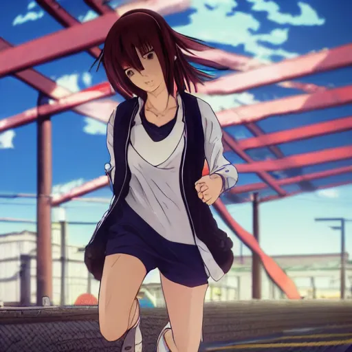 Image similar to anime style, gta 5, girl is running, red sport clothing, marathon race, brown short hair, hair down, symmetrical facial features, from arknights, hyper realistic, rule of thirds, extreme detail, detailed 4 k drawing, safebooru, realistic lighting, by alphonse mucha, greg rutkowski, noise filtered, sharp focus, backlit