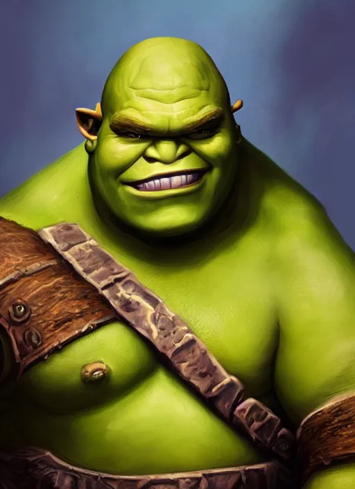 Image similar to dramatic oil painting of shrek as thrall from world of warcraft, artstation, shrek, epic, dramatic,