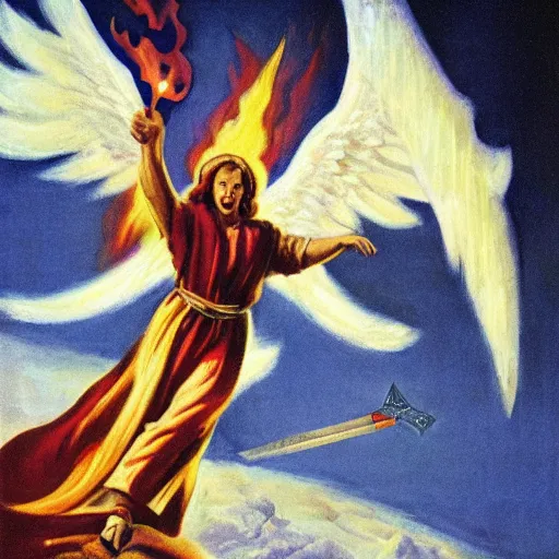 Image similar to propaganda piece featuring an angel holding a flaming sword, flying in the sky, health, strength, confidence