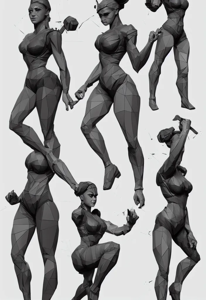 Image similar to amazing stylized random sketches of a young and strong girl by Artgerm, concept art, full body with dynamic pose and correct anatomy, low-poly digital art, octane render trending on artstation, 4k, 8k, HD