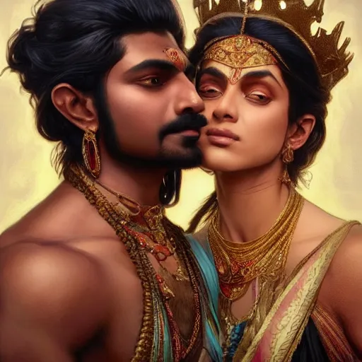 Prompt: portrait painting of dark muscular indian king and queen kissing, ultra realistic, concept art, intricate details, eerie, highly detailed, photorealistic, octane render, 8 k, unreal engine. art by artgerm and greg rutkowski and alphonse mucha