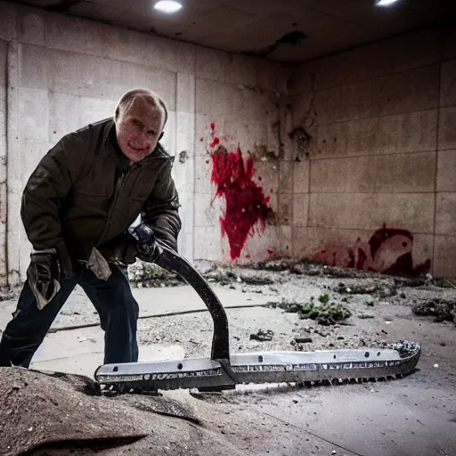 Image similar to putin with a chainsaw. in a concrete bunker with a pile of corpses. focus on putins face with blood splatters. canon eos r 3, f / 1. 4, iso 1 6 0 0, 1 / 8 0 s, 8 k, raw, grainy