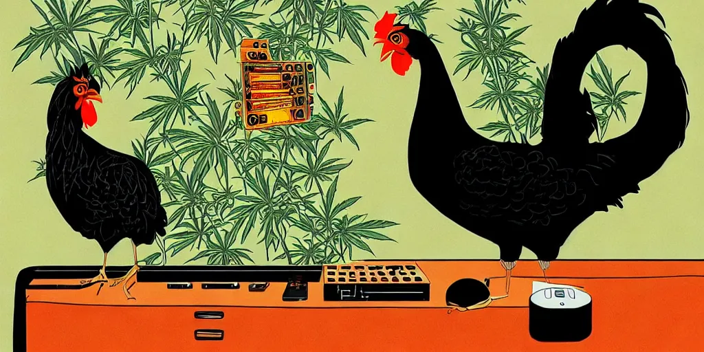 Prompt: 'black chicken'!!! smoking 'cannabis'!!!!!! in front of 'audio console'!!!! and 'multi monitors'!!!! 'in a hi-tech tv broadcasting studio'!!!!, artwork by James Gilleard