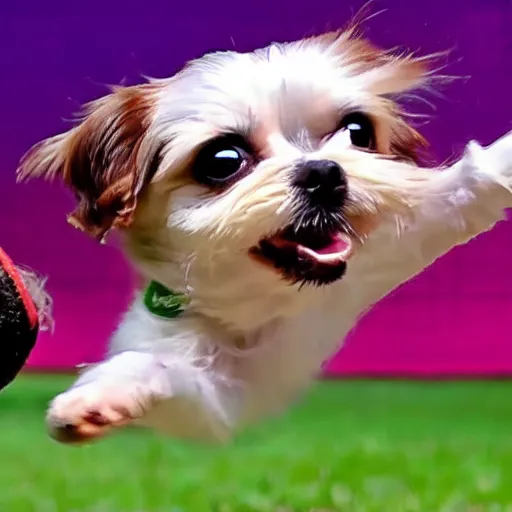 Prompt: chihuahua shih tzu mixed bread doing a backflip and catching a frisbee, real, 4k