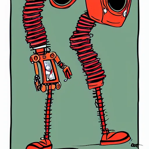 Prompt: an androgynous robot, wearing fashion gear, walking down a hill in Haight-Ashbury, in the style of R. Crumb, digital art