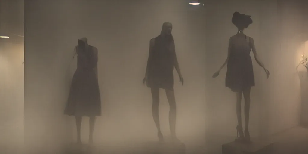 Prompt: a horror movie still in a mall of a mannequin that is painfully coming to life and is half alive, the background is misty, cinematic still, 4 k, dramatic, eerie, cinema lighting, low light