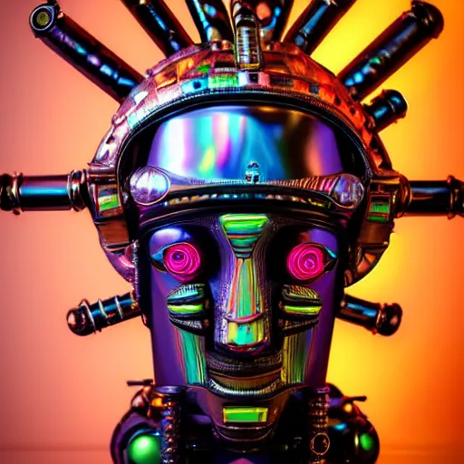 Prompt: portrait of a glossy claymodel of a steampunk aztec futuristic robot head, top of the head is a crown made of wires and multicolored glowing tubes, eyes are multicolored led screen, 8 k, front shot, symetrical, flourescent colors, halluzinogenic, multicolored, insanely detailed, 3 d render, octane