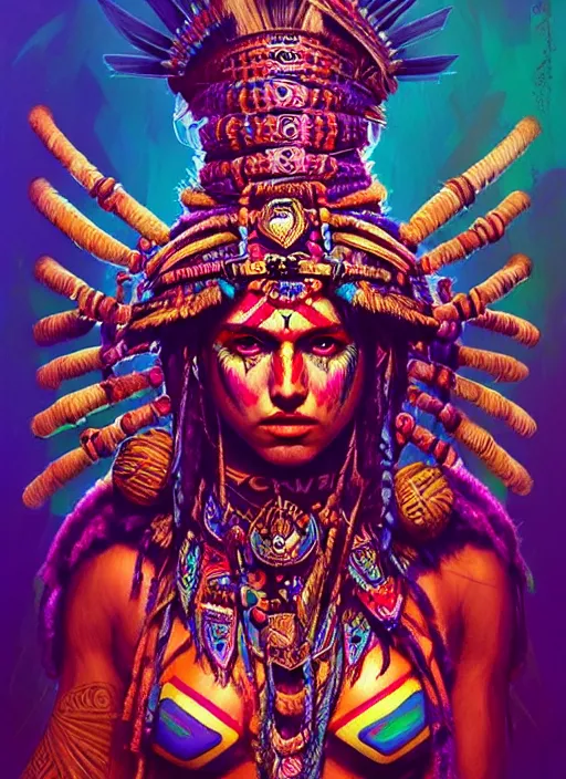 Image similar to hyper detailed ultra sharp aztec shaman warrior trance girl. trending on artstation, warpaint aesthetic, bloodwave, colorful, psychedelic, ornate, intricate, digital painting, concept art, smooth, sharp focus, illustration, art by artgerm and greg rutkowski and h. r. giger, 8 k