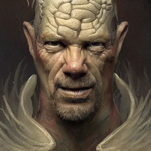 Image similar to adam savage as a plant like creature, closeup portrait by greg rutkowski, realistic face, digital art,