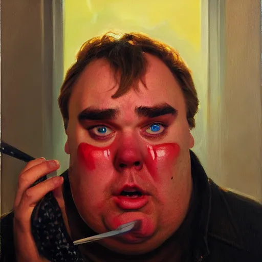 Image similar to portrait of john candy crying in the metaverse, fire and pain, oil on canvas by william sydney mount, trending on artstation