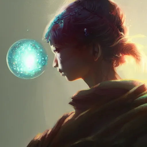 Image similar to Grimes with magic orb close-up illustrated by Greg Rutkowski, trending on artstation, artstationHQ, artstationHD, 4k, 8k, photorealistic composition, photorealistic imagery