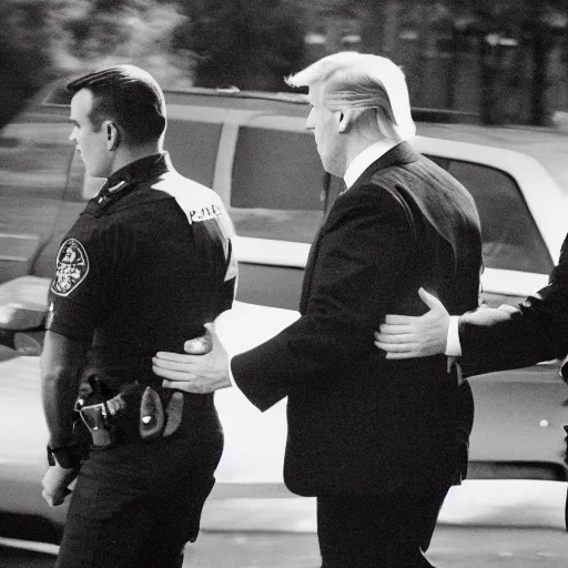 Image similar to candid ap press photo of president trump in handcuffs being arrested by fbi agents, escorting him into a police car, 3 5 mm lens, highly detailed portrait, 4 k uhd, sony camera, f / 2 2